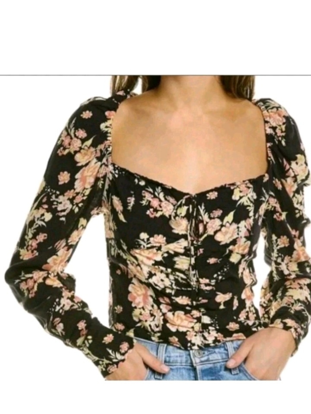 Free People Black Floral Sweetheart Long-Sleeve Blouse